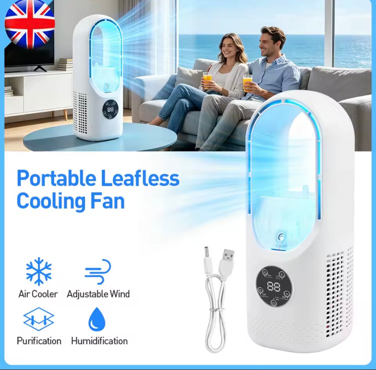 HOMCOM Portable Leafless Air Cooler with 6 Speed Silent Fan