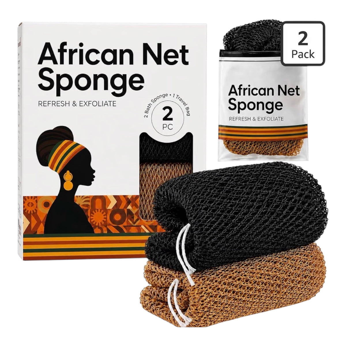 African Net Sponge 2 Pack | Long Exfoliating Shower & Back Scrubber