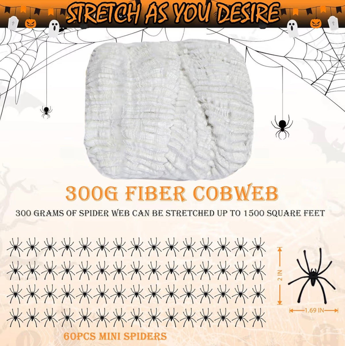 Halloween Spider Web Decoration Set 300g | 60 Black Spiders
