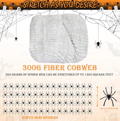Halloween Spider Web Decoration Set 300g | 60 Black Spiders