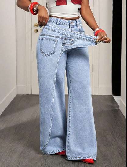 Women’s Casual Loose Fit Denim Long Pants Asymmetrical Design