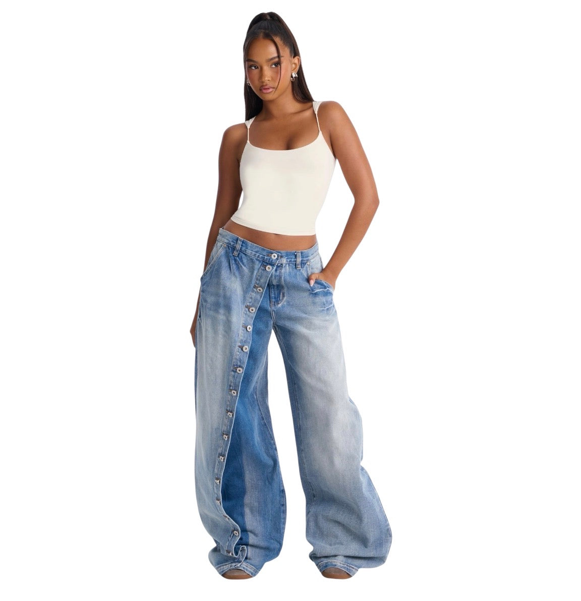 Downtown Asymmetrical Button Fly Overlay Jeans Light Wash
