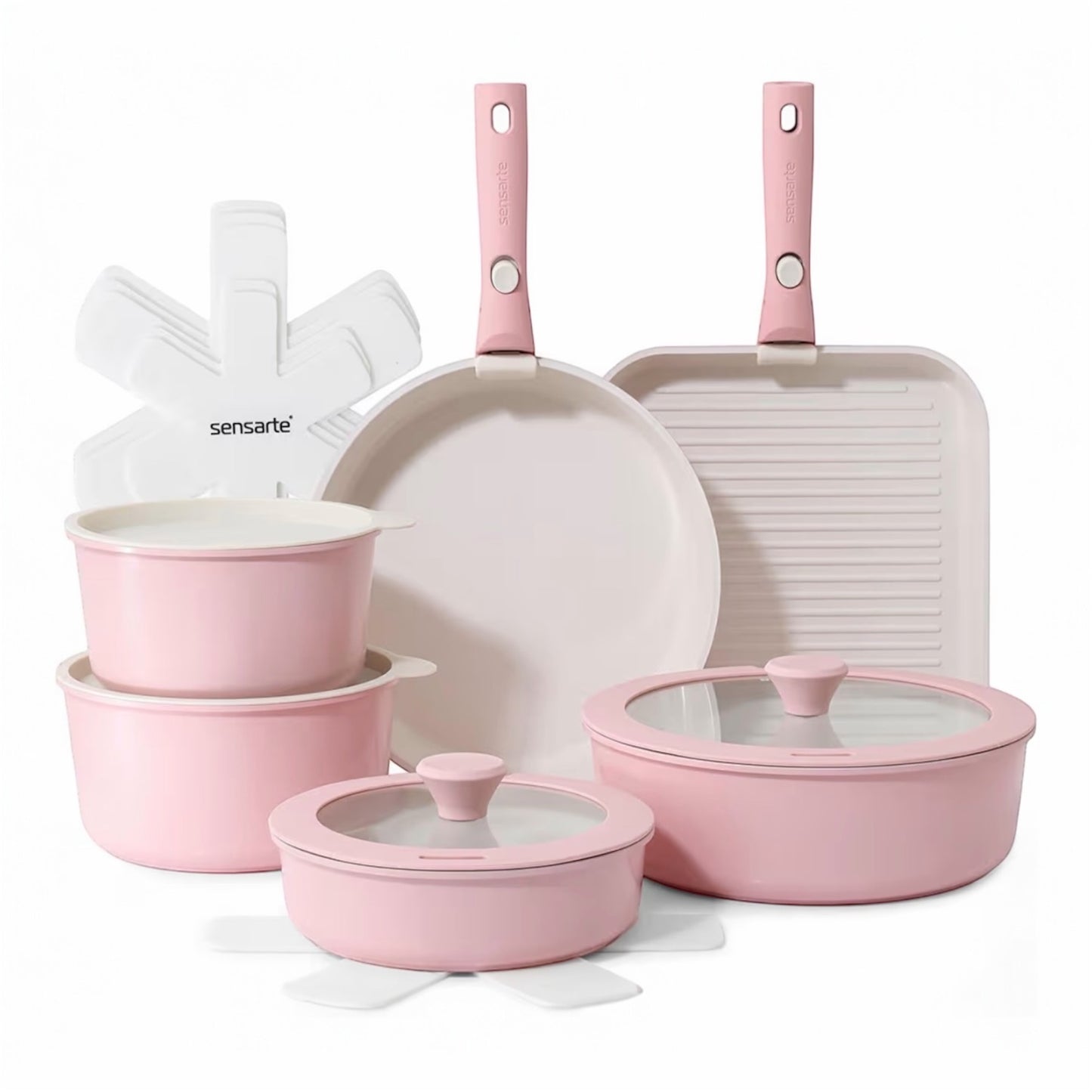 SENSARTE 17 Piece Pots and Pans Set, Nonstick Detachable Handle Cookware Set, Induction Kitchen Cookware Set with Removable Handle, Healthy Non Stick for RV, Dishwasher ＆ Oven Safe, PFOA Free (White)