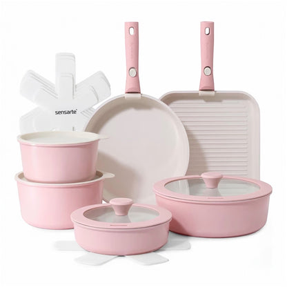 SENSARTE 17 Piece Pots and Pans Set, Nonstick Detachable Handle Cookware Set, Induction Kitchen Cookware Set with Removable Handle, Healthy Non Stick for RV, Dishwasher ＆ Oven Safe, PFOA Free (White)