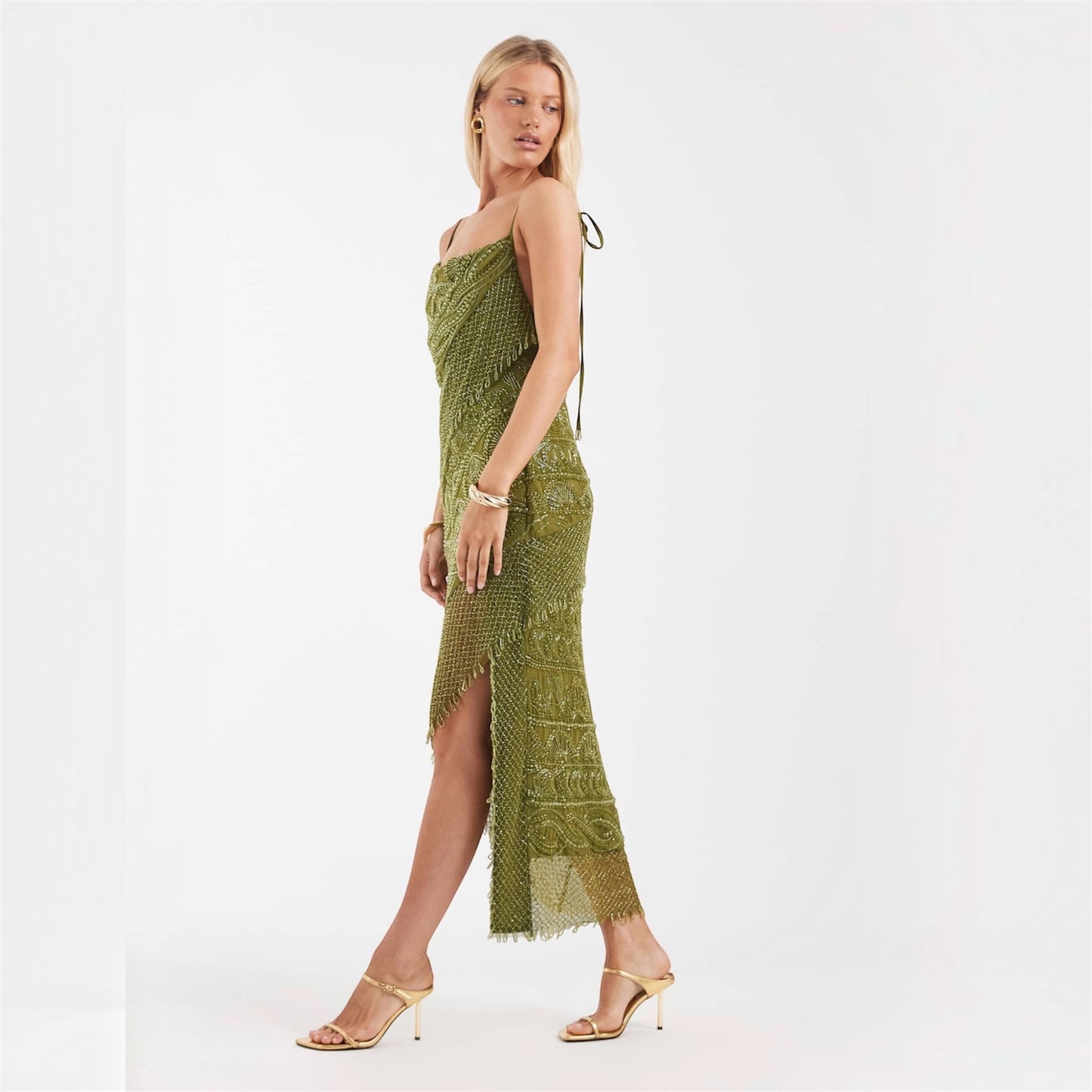 Olive Green Beaded Midi Dress with Asymmetric Hem