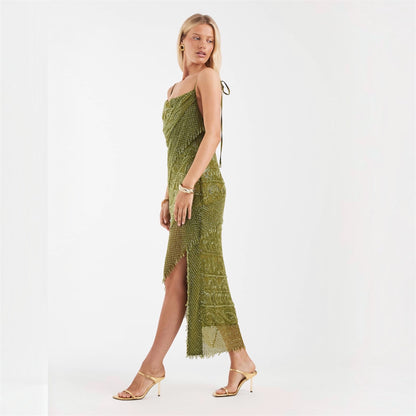 Olive Green Beaded Midi Dress with Asymmetric Hem