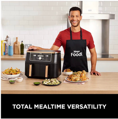 Foodi MAX Dual Zone Air Fryer, Amazon Exclusive, Tongs, 2 Drawers, 9.5L, 6-in-1, Use No Oil, Air Fry, Max Crisp, Roast, Bake, 8 Portions, Nonstick Dishwasher Safe Baskets, Copper/Black AF400UKCP