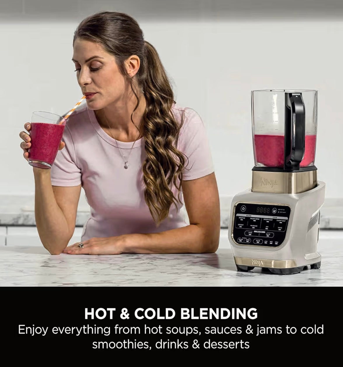 Foodi Blender & Soup Maker, 10 Auto-iQ Programs, 1.7L Glass Jug, Hot & Cold Blender, Built-In Heating Element, Tamper, Cleaning Program & Brush, 1000W, Stone Gold, HB150UKSTGD