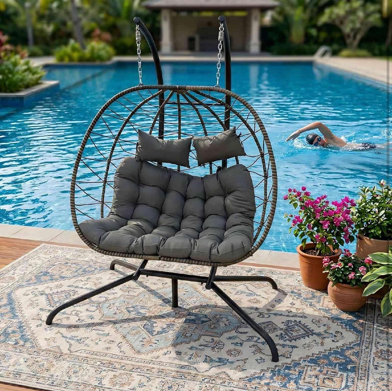 BIRCHTREE Double Hanging Egg Chair with Stand PE Rattan Garden Swing Grey