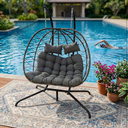 BIRCHTREE Double Hanging Egg Chair with Stand PE Rattan Garden Swing Grey