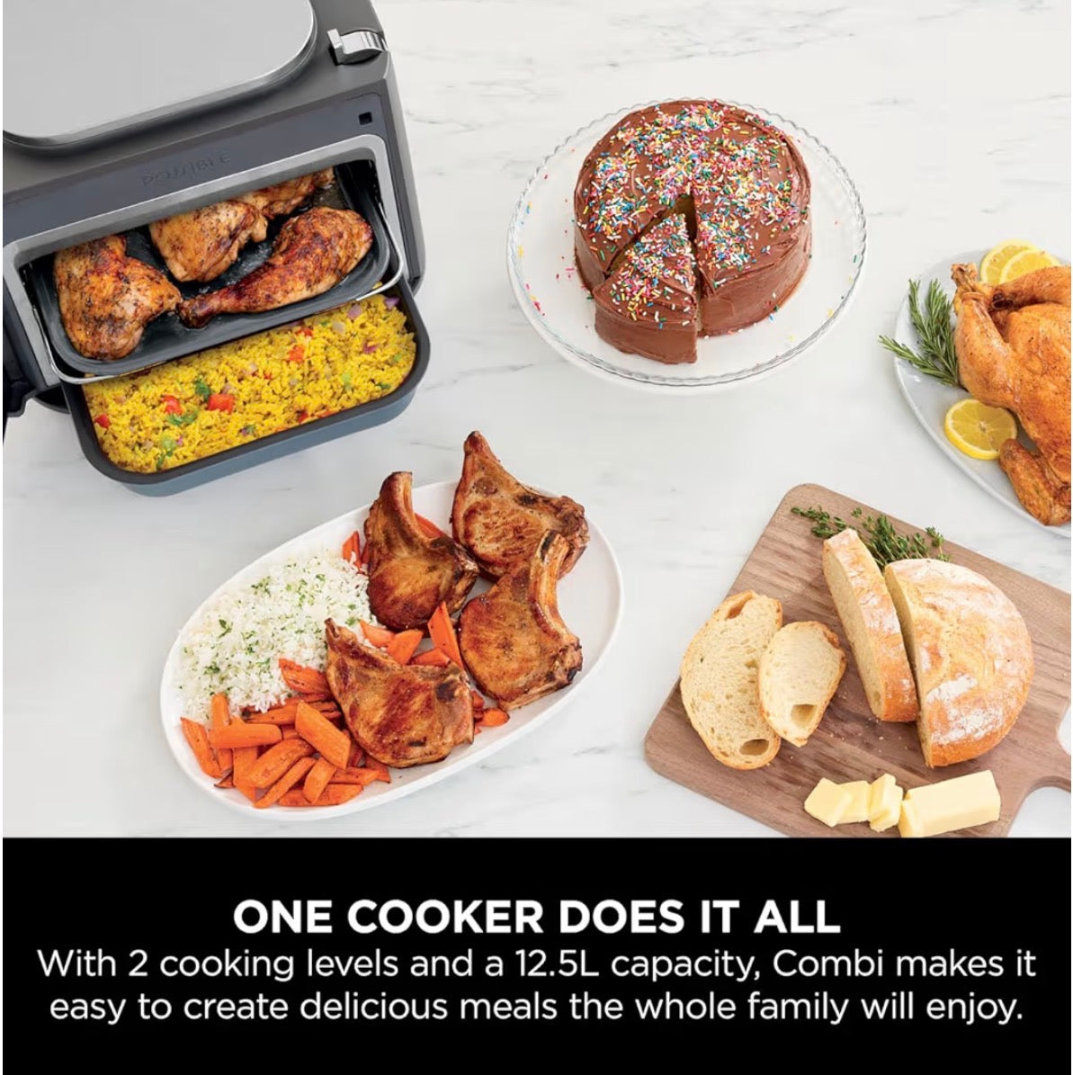 Combi 12-In-1 Multi-Cooker, Oven & Air Fryer, 12 Cooking Functions, Make 15 Minute* Family-Size Meals, Includes Bake Tray, Pan, & Recipe Guide, Grey, SFP700UK