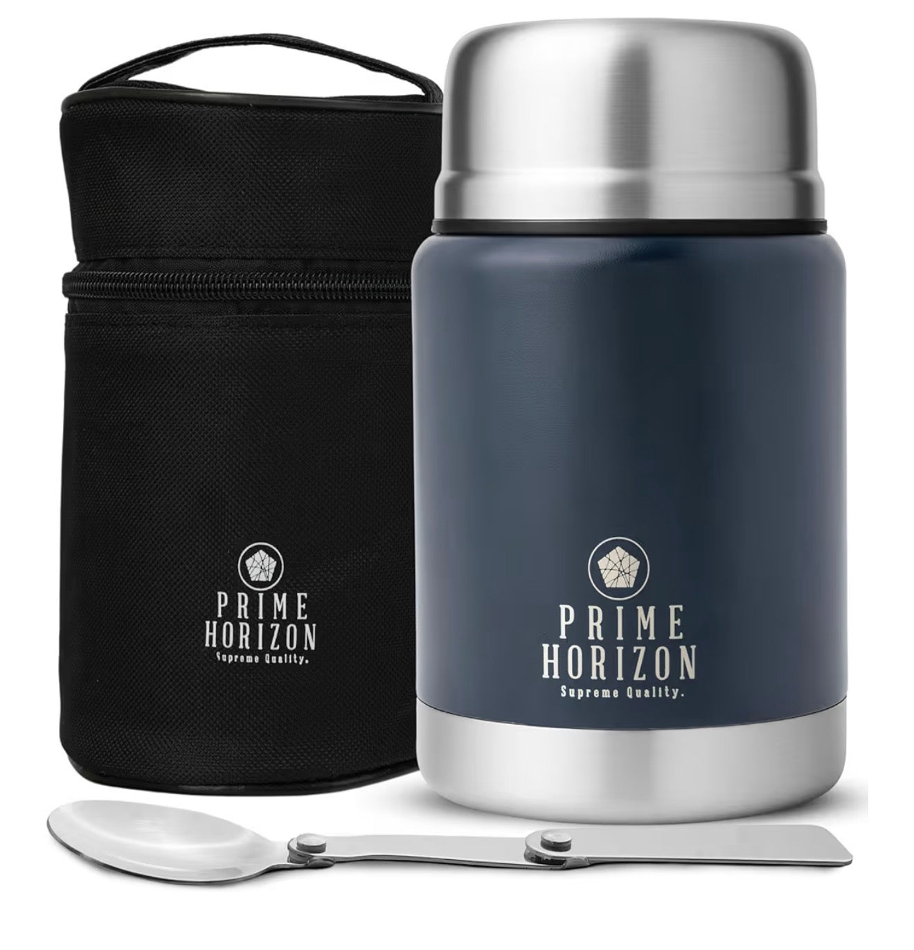 Prime Horizon Food Flask - 500ml Stainless Steel Vacuum Double Wall Jar with Folding Spoon, Leakproof and BPA Free. Free Insulated Travel Bag with Carabiner and Gift Box