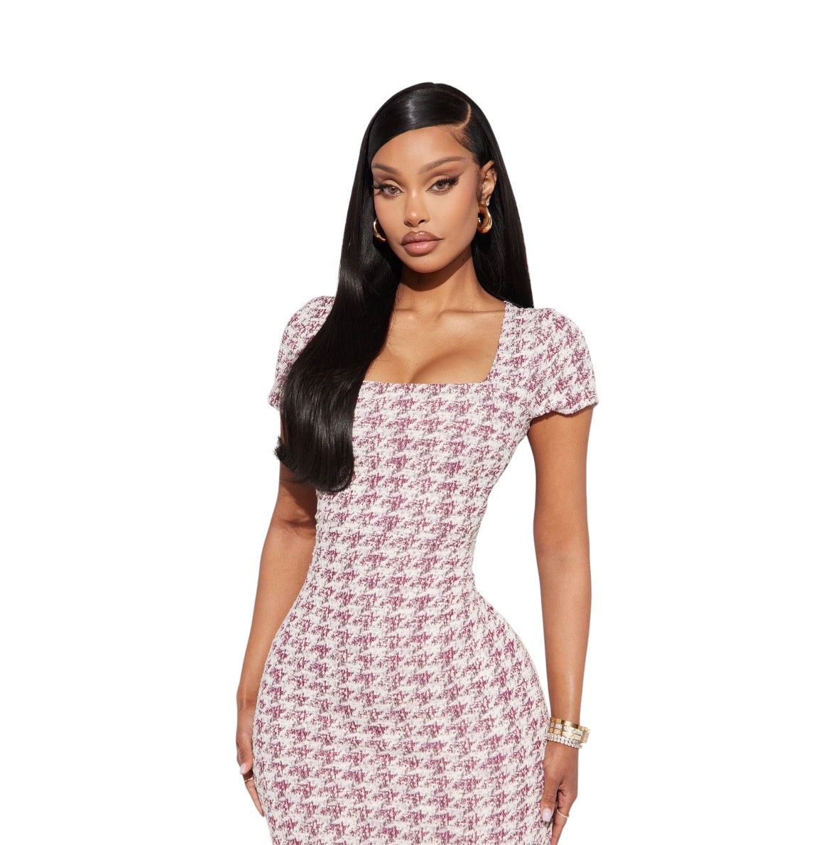 Margot Stretch Tweed Midi Dress Burgundy Combo