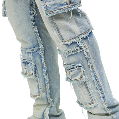 One Way Cargo Frayed Straight Jeans Medium Wash