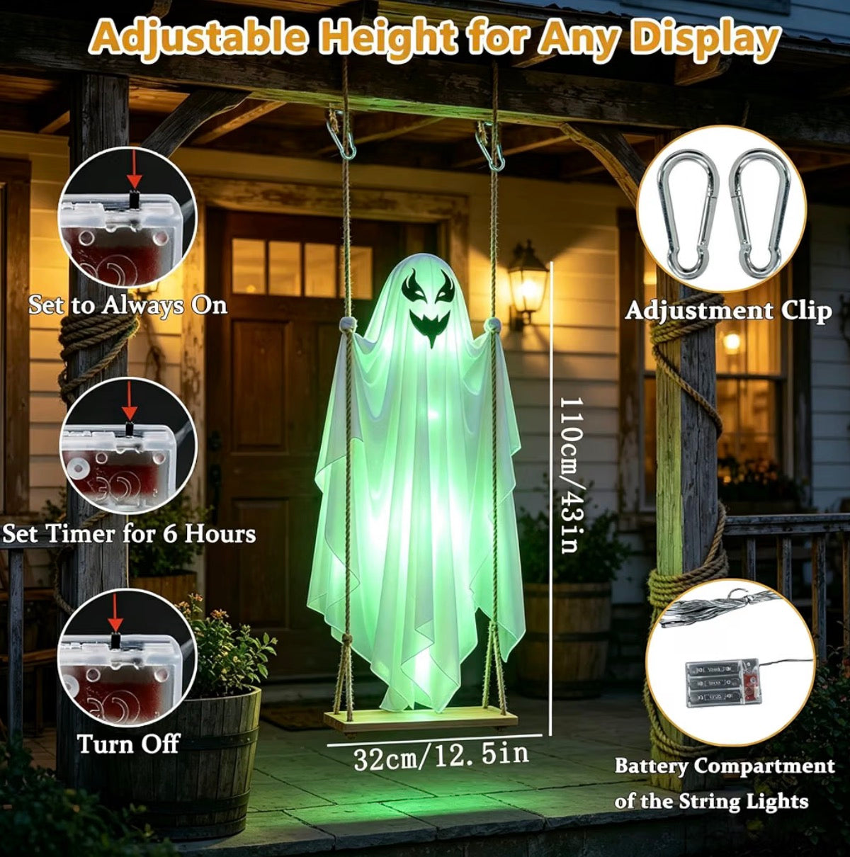 SNZ Halloween Ghost Swing Decorations – 2-Pack LED Ghosts with Timer | Minja Superstore