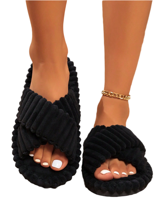 Women’s Home Slippers with Crossed Opening – Comfortable Fluffy Slippers with White Corduroy Straps, Ideal for Spring & Autumn, Couple Slippers