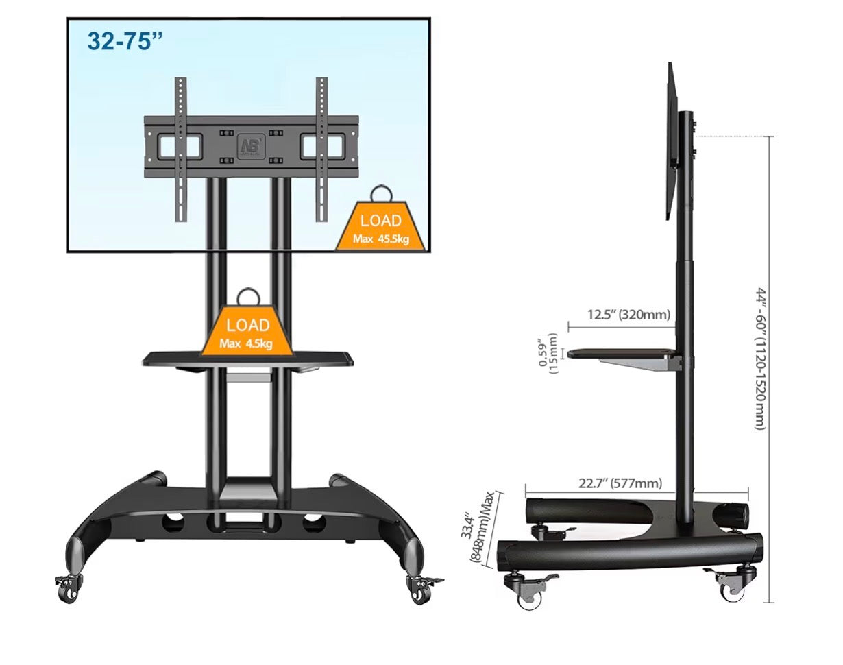 NB North Bayou TV Cart 32–75” | Mobile TV Stand with Wheels