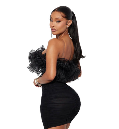 Ruffle Mami Mesh Mini Dress Black
