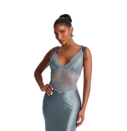 Alina Lace Satin Midi Dress Blue