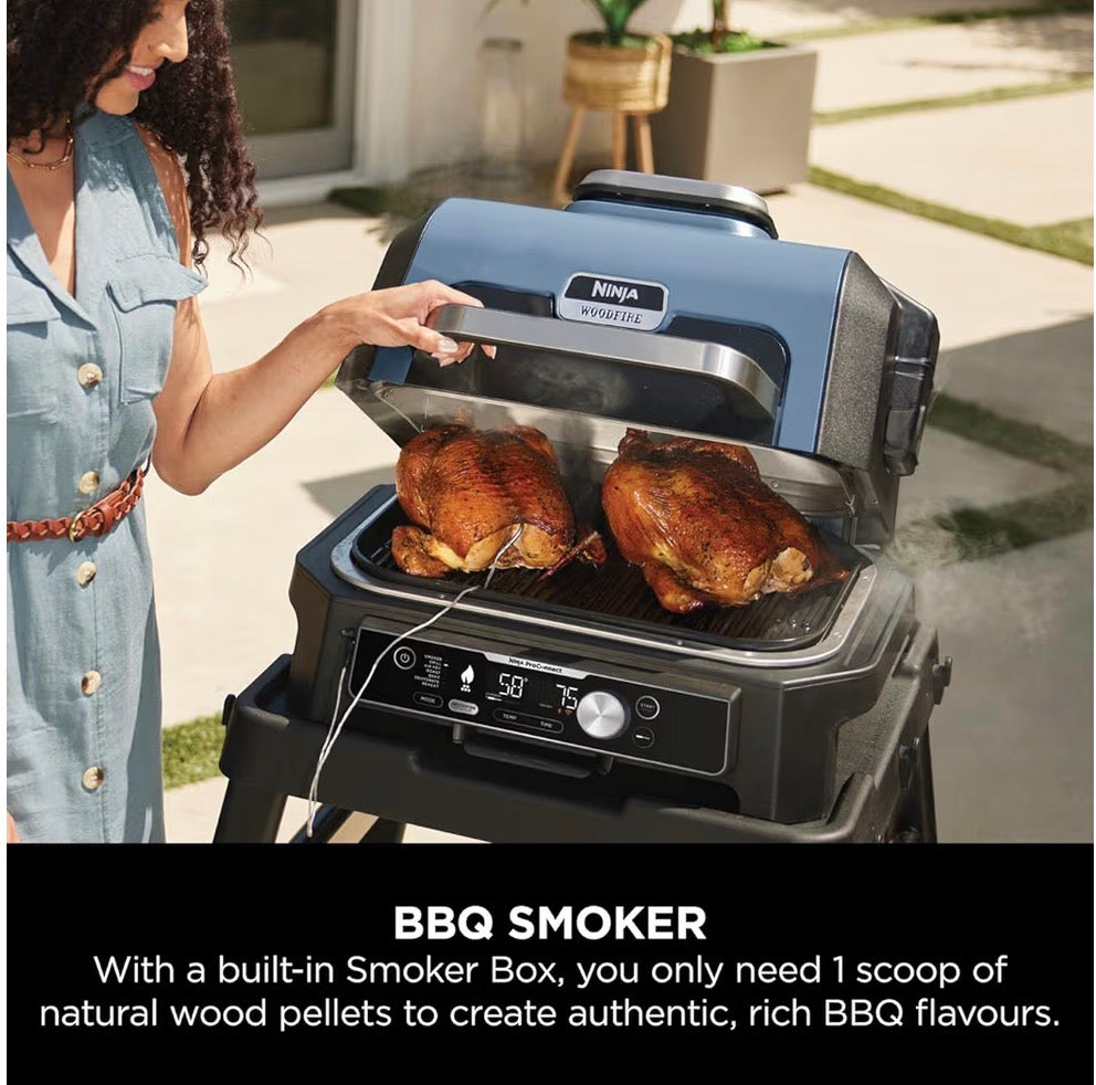 Woodfire Pro Connect XL Electric BBQ Grill and Smoker with App Control, Digital Probe, Large 7-in-1 Outdoor Grill and Air Fryer with Woodfire Pellets, Weather Resistant, Blue and Black OG901UK