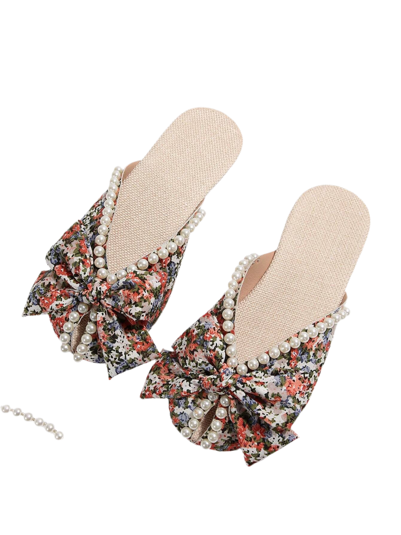 Women's Back-to-School Faux Pearl Bow Flat Sandals – Stylish Full-Print Design for School, Work, Travel & Beach