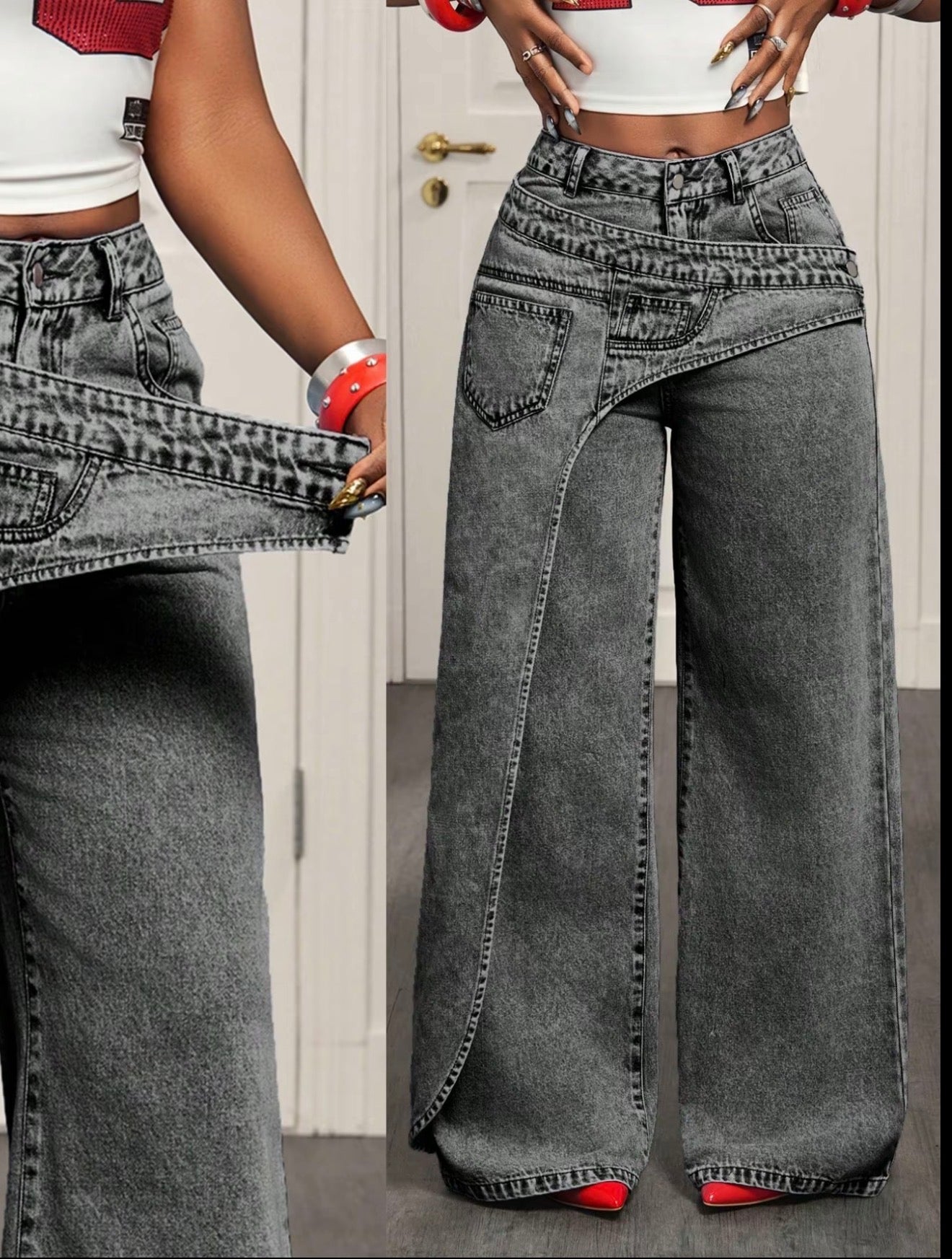 Women’s Casual Loose Fit Denim Long Pants Asymmetrical Design