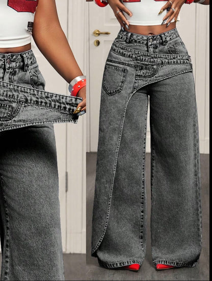 Women’s Casual Loose Fit Denim Long Pants Asymmetrical Design