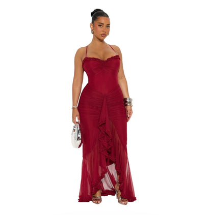Danika Ruched Mesh Maxi Dress Wine
