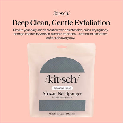 Kitsch African Net Sponge 3pcs Aqua Grey | Exfoliating Body Scrubber