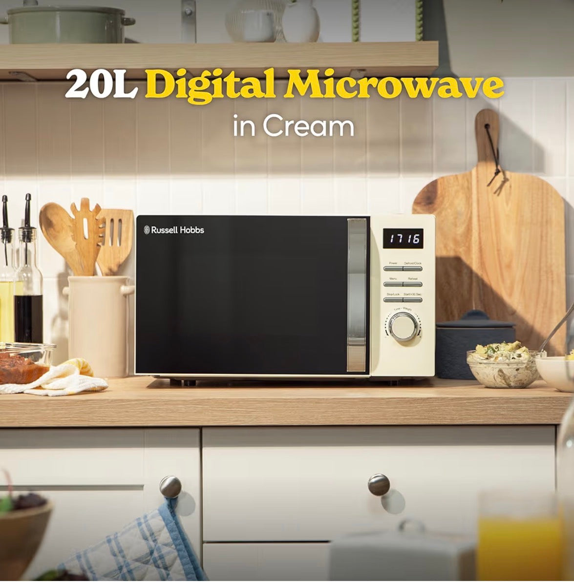Russell Hobbs Digital Microwave 20L 800W in Cream with 5 Power Levels, Pull Handle Door & Button Control, Clock & Timer, Automatic Defrost, Easy Clean, 8 Auto Cook Menus RHMD818C