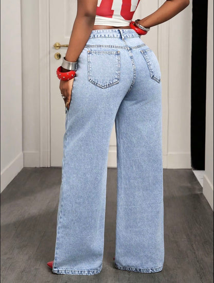 Women’s Casual Loose Fit Denim Long Pants Asymmetrical Design