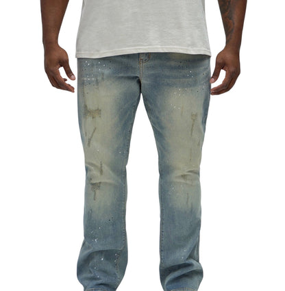 Ripped Bleach Splatter Stacked Slim Flare Jeans Light Blue Wash