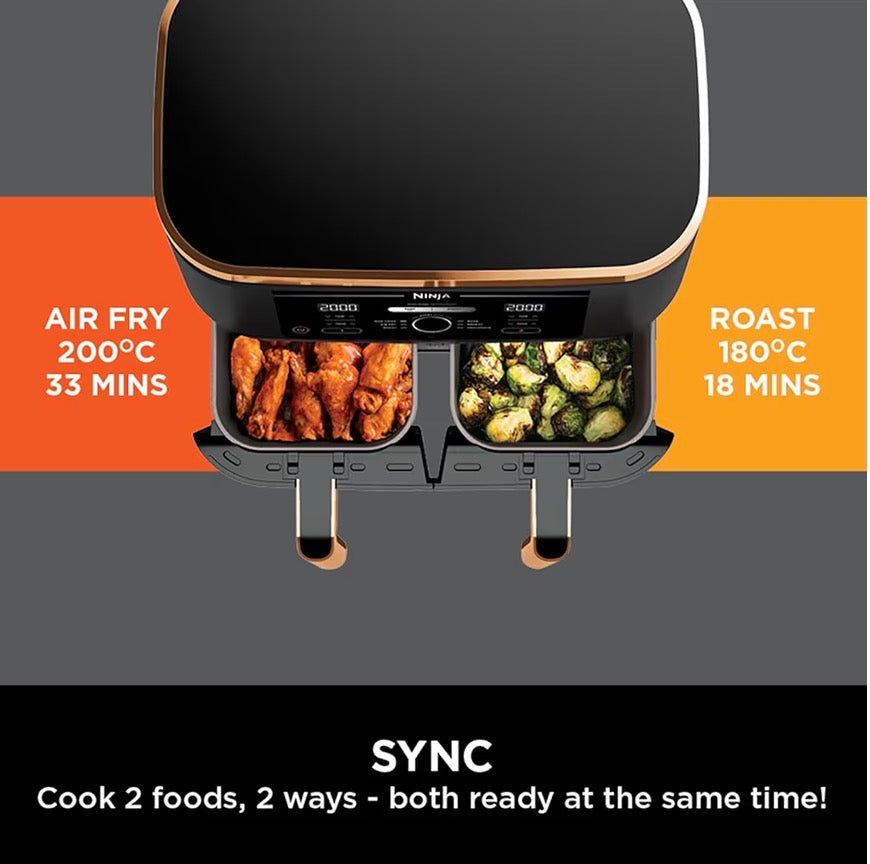 Foodi MAX Dual Zone Air Fryer, Amazon Exclusive, Tongs, 2 Drawers, 9.5L, 6-in-1, Use No Oil, Air Fry, Max Crisp, Roast, Bake, 8 Portions, Nonstick Dishwasher Safe Baskets, Copper/Black AF400UKCP