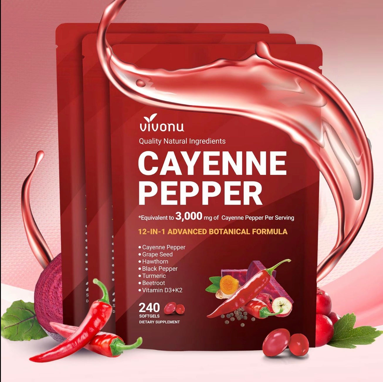 VivoNu Cayenne Pepper Softgels 240 Count Vitamin D3 K2 E Supplement