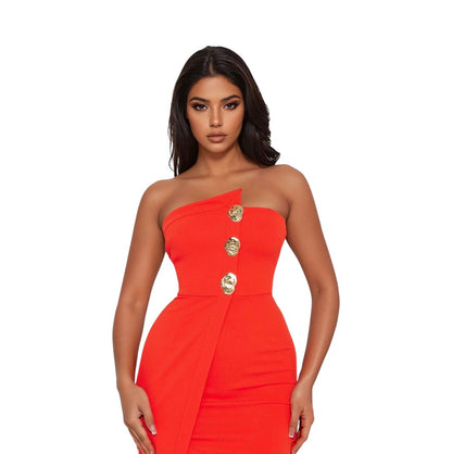 Fine Dining Strapless Midi Dress Orange