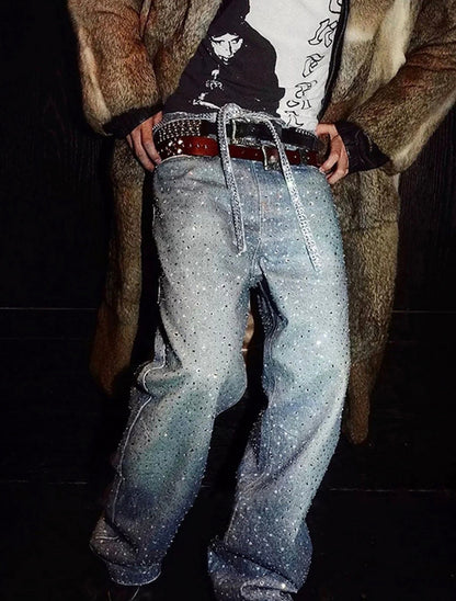 DENIM DISTRESSED BELT DIAMOND DECORATED JEANS