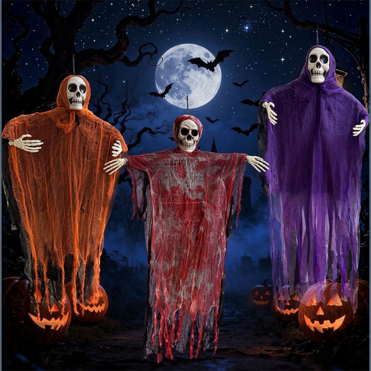 3-Pack Hanging Halloween Ghost Decorations | Bloody Gauze Skeleton Props