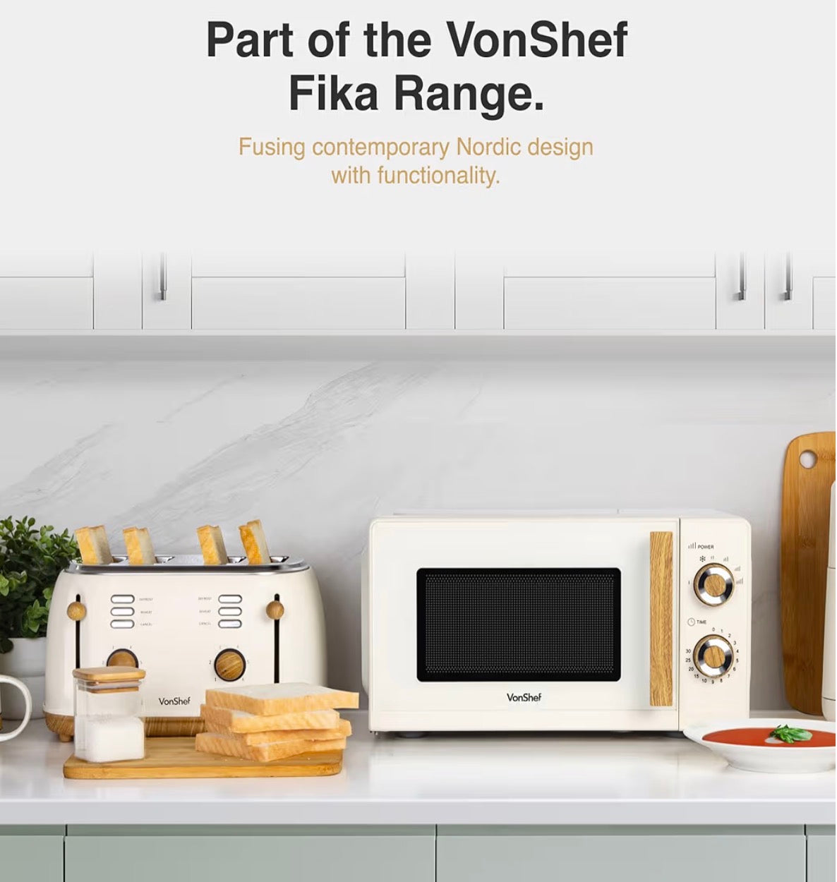 VonShef Microwave Kettle Toaster Set – Scandi Kitchen Set, 1.7L Nordic Rapid Boil Kettle, Wide Slot Toaster 4 Slice with 6 Browning Controls, and 20L Microwave with 6 Power Levels – Fika Range, Cream