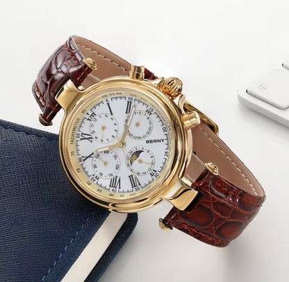 BERNY Retro Automatic Men's Watch Sun&Moon Phase Luminous ST1652 Classic Genuine Leather Luxury Mechanical Men's Dress Watches