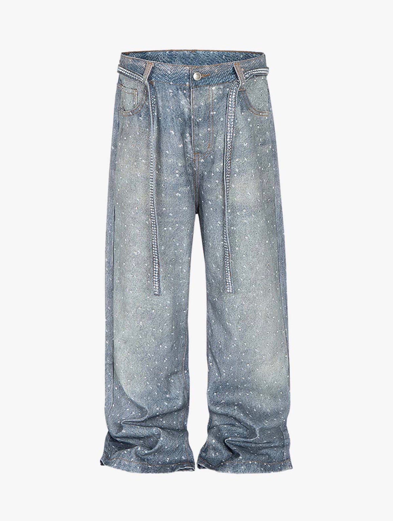 DENIM DISTRESSED BELT DIAMOND DECORATED JEANS
