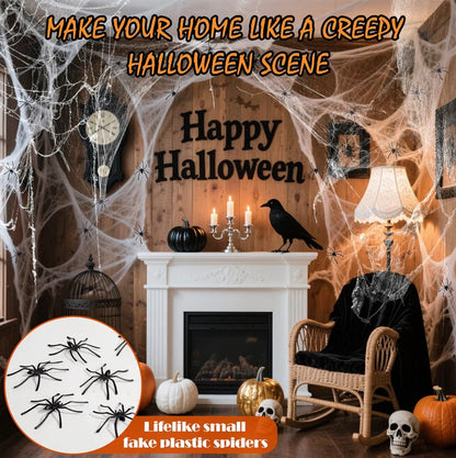 Halloween Spider Web Decoration Set 300g | 60 Black Spiders