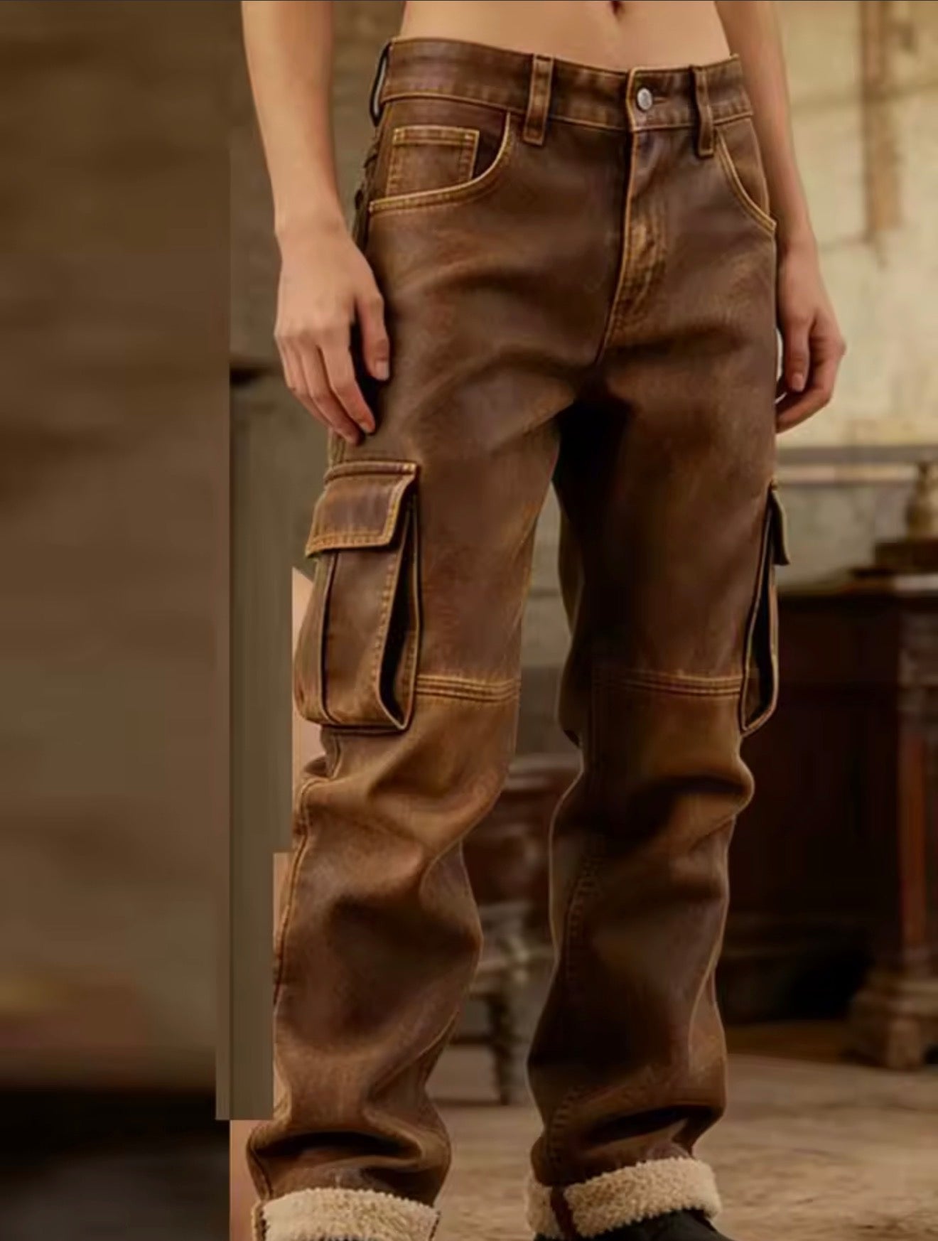 Vintage Brown Cargo Pants Men Retro Casual Outdoor Pants 2026 Winter Multi-Pocket Velvet Warm PU Leather Straight Leg Pants Men