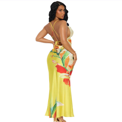 Amora Floral Satin Maxi Dress Yellow Combo