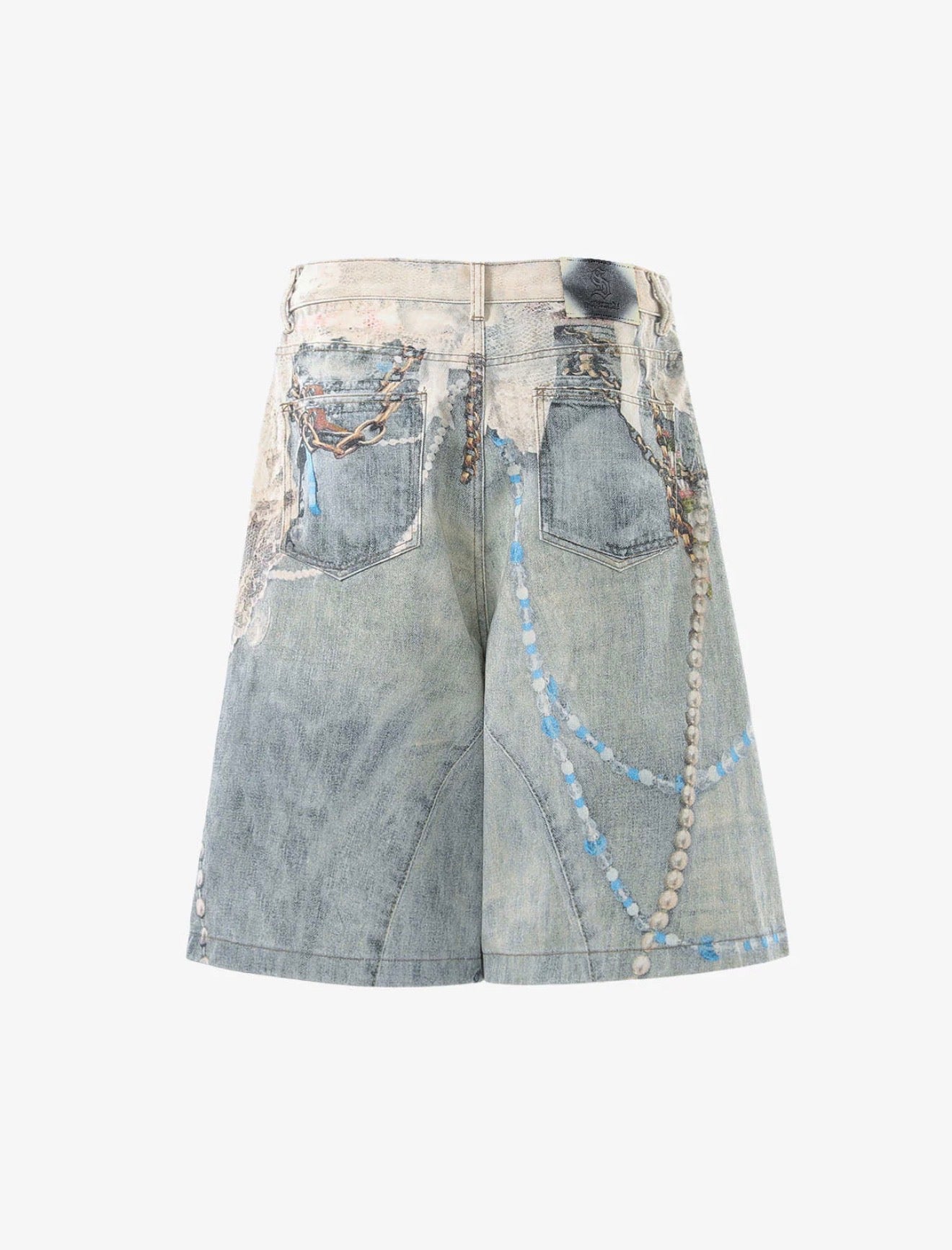 JEWELRY PEARL GRAPHIC PRINT 3D EFFECT DENIM SHORTS