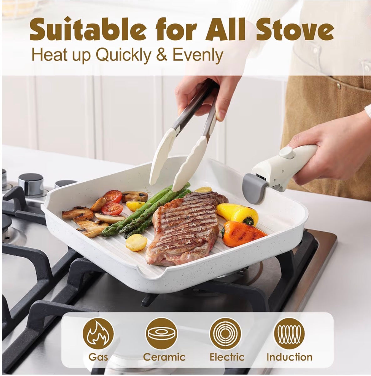 SENSARTE 17 Piece Pots and Pans Set, Nonstick Detachable Handle Cookware Set, Induction Kitchen Cookware Set with Removable Handle, Healthy Non Stick for RV, Dishwasher ＆ Oven Safe, PFOA Free (White)