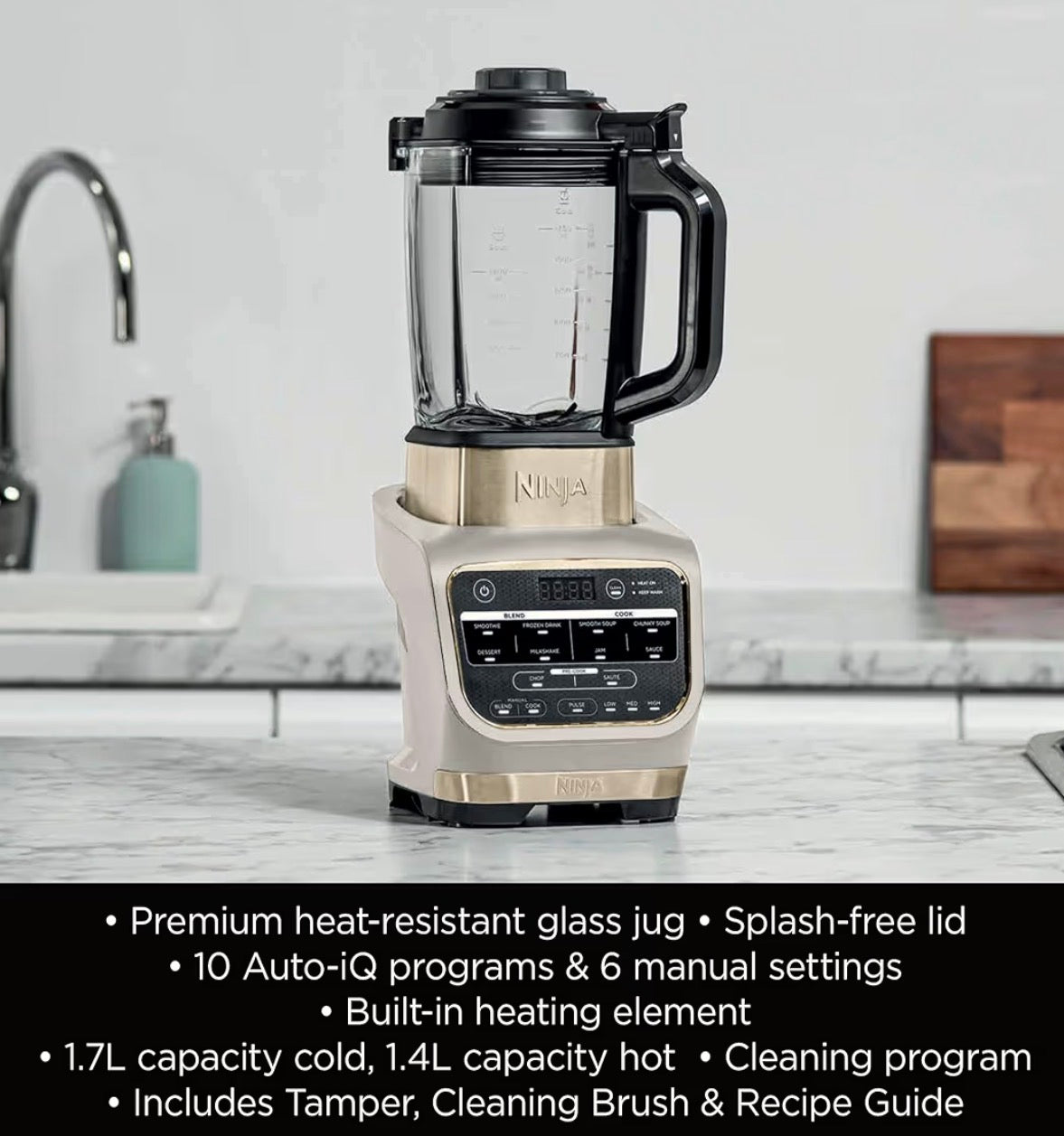 Foodi Blender & Soup Maker, 10 Auto-iQ Programs, 1.7L Glass Jug, Hot & Cold Blender, Built-In Heating Element, Tamper, Cleaning Program & Brush, 1000W, Stone Gold, HB150UKSTGD