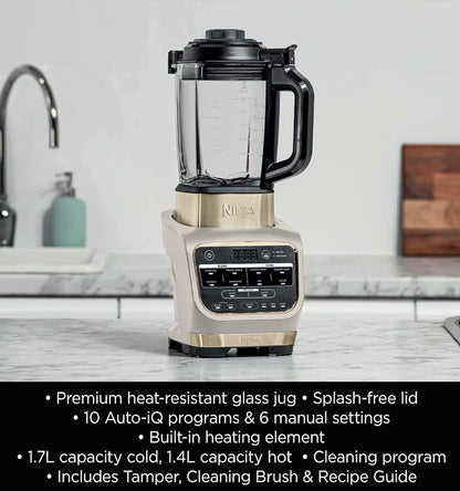 Foodi Blender & Soup Maker, 10 Auto-iQ Programs, 1.7L Glass Jug, Hot & Cold Blender, Built-In Heating Element, Tamper, Cleaning Program & Brush, 1000W, Stone Gold, HB150UKSTGD