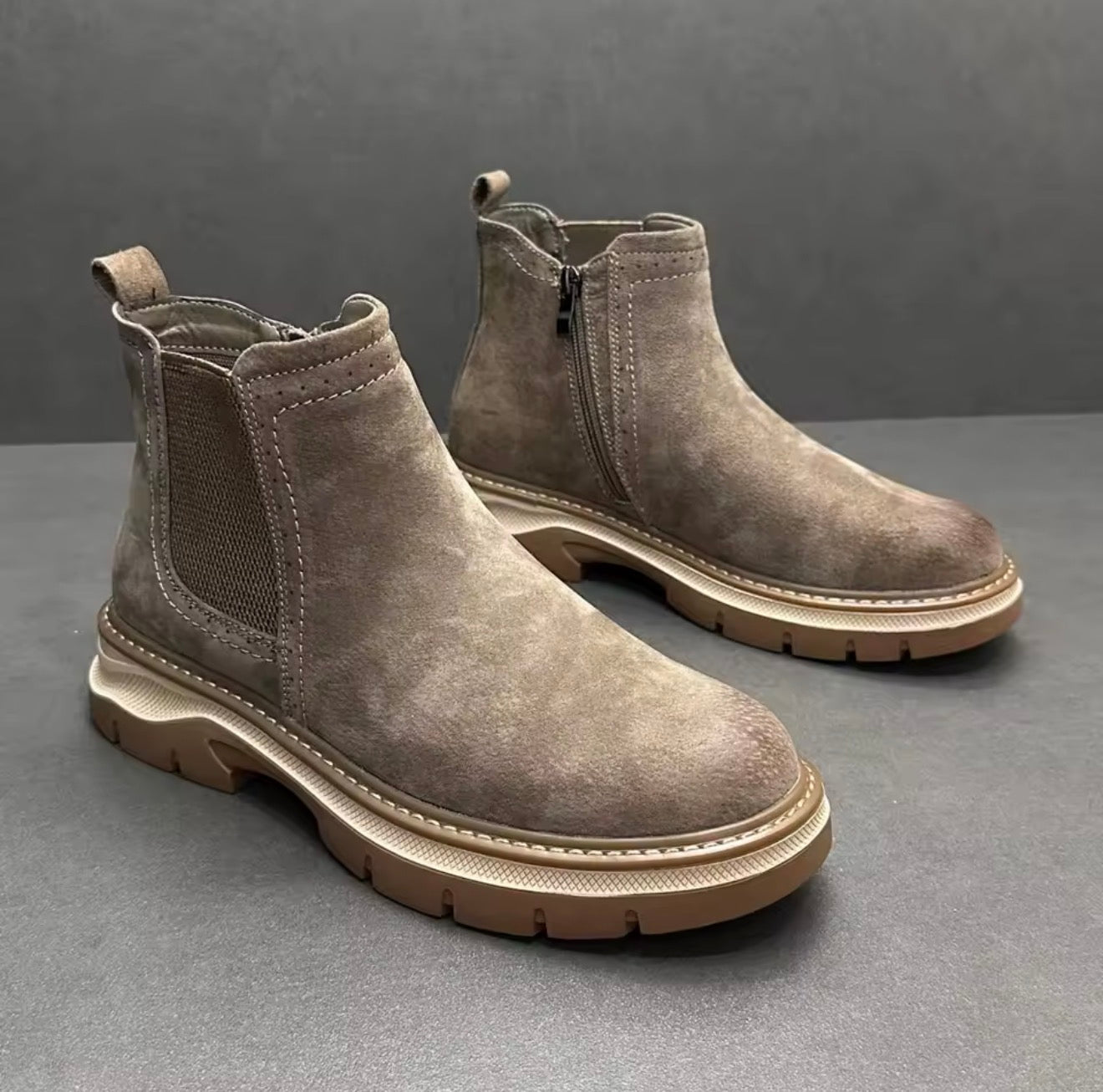 American Style  Boots High Top Men's Chelsea Boots Retro Work Leather Boots Autumn New Side Zip Short Boots British