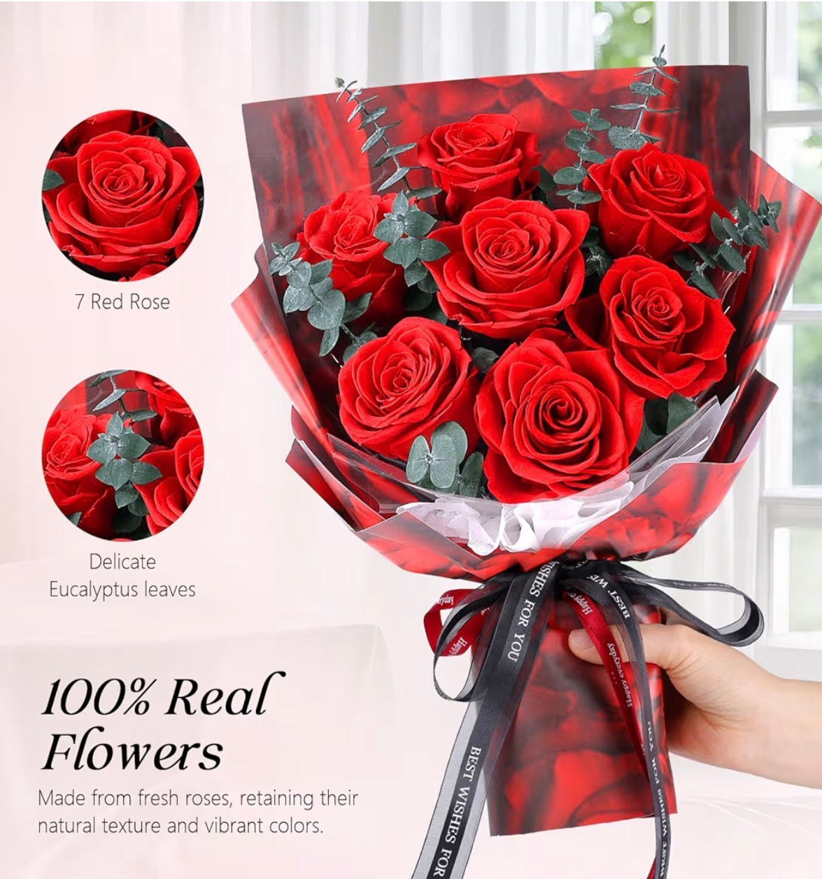 7 Roses Bouquet with Vase, Forever Bouquet Flowers, Eternal Preserved Real Rose, Gifts for Woman Wife Girlfriend, Gifts for her on Birthday, Anniversary, Valentine's Day, Mother's Day, Christmas（Red)