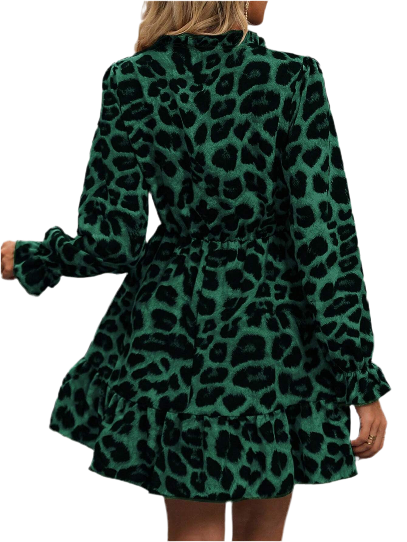 Chic Plus Size Autumn Leopard Print Dress with Stand Collar and Cinched Waist